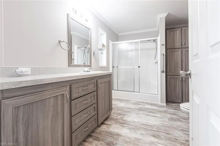 Bathroom featuring vanity, ornamental molding, and light wood finished floors