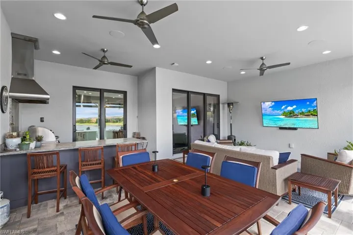 Dining room featuring ceiling fan and recessed lighting