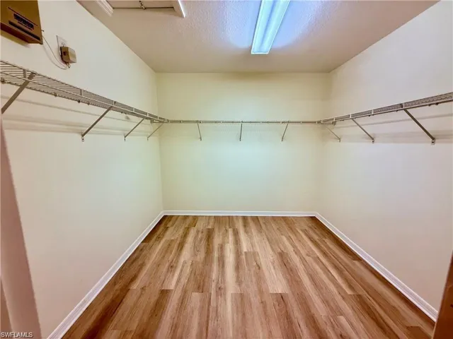 Walk in closet with light wood-style flooring