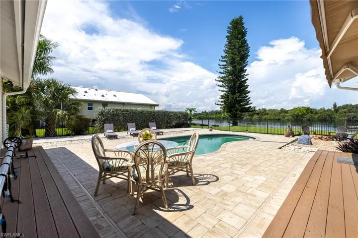 View of pool with a patio area, a deck with water view, and a fenced backyard