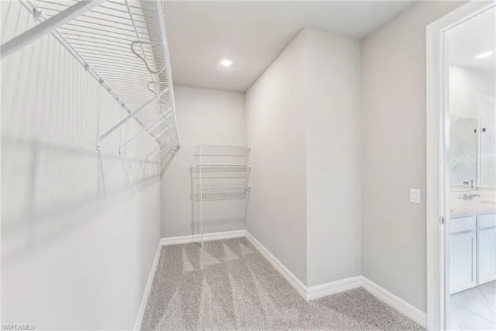 Walk in closet with sink and light colored carpet