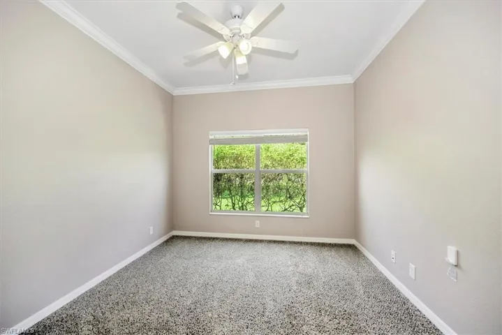 Unfurnished room with carpet, ceiling fan, and crown molding