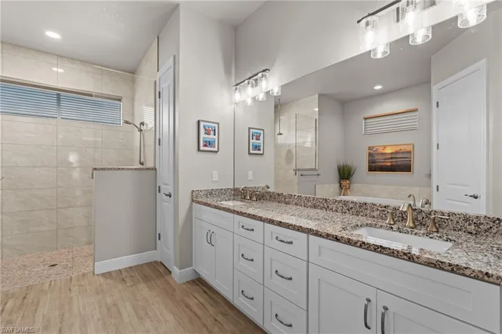 Large vanity with dual sinks and walk-in shower