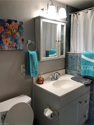 Bathroom featuring vanity, toilet, and a shower with curtain