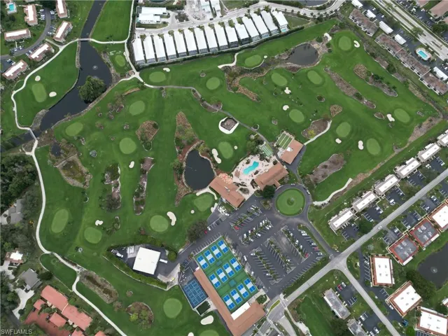 Aerial view of golf course, pickleball courts & tennis courts