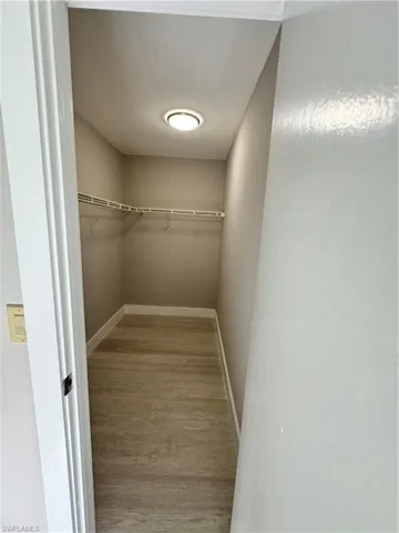 Walk in closet with wood-type flooring
