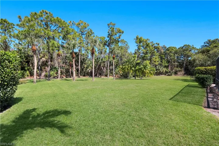 View of grassy yard with view of wooded area