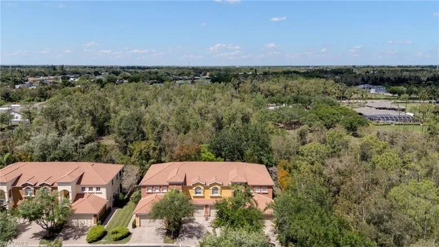 Aerial perspective of suburban area featuring a heavily wooded area