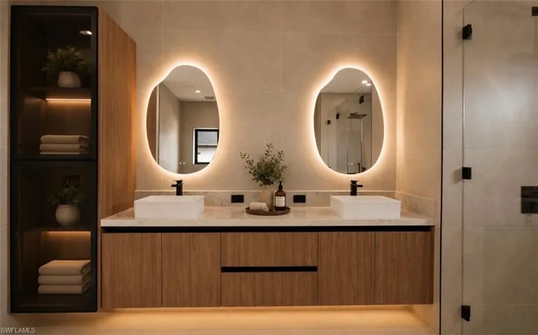 Dual vessel sinks set on a light-toned countertop, paired with wood-finish cabinetry