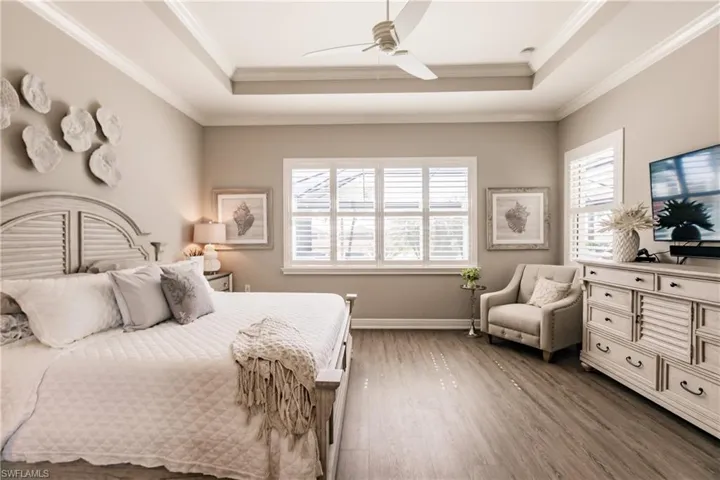 COFFERED CEILING, MODERN FAN & NOTE ALL THE DETAIL OF THE UPGRADES! SIMPLY BEAUTIFUL!
