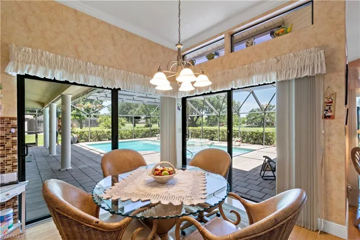 Dining room with light hardwood / wood-style floors and a chandelier