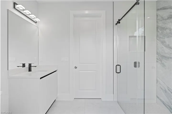 Bathroom with a shower stall and vanity