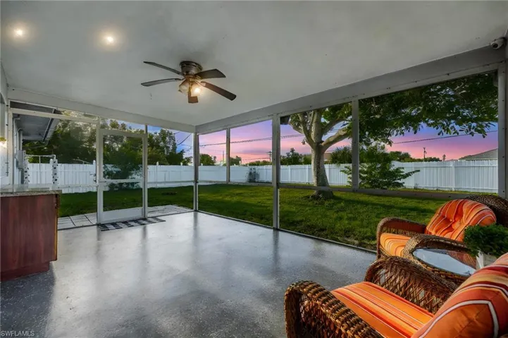 Enclosed patio at dusk