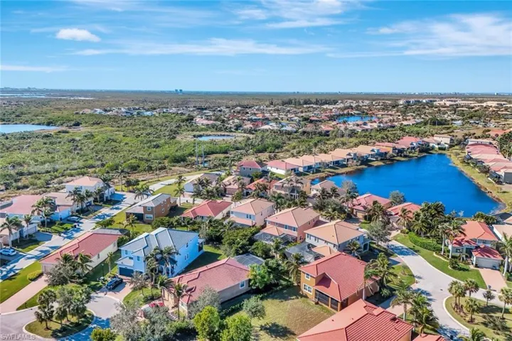 Birds eye view of property with a water view
