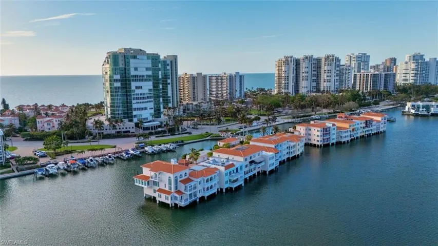 Aerial view of skyline and a large body of water