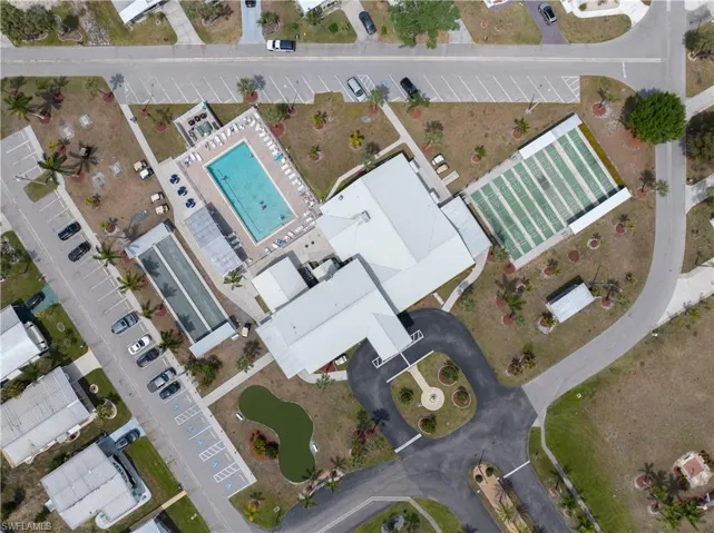 Aerial view of community center and pool