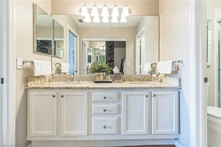 New fixtures, lighting, and granite counters highlight the master bath vanity