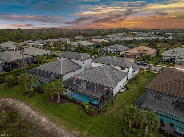 Aerial view at dusk of a residential view
