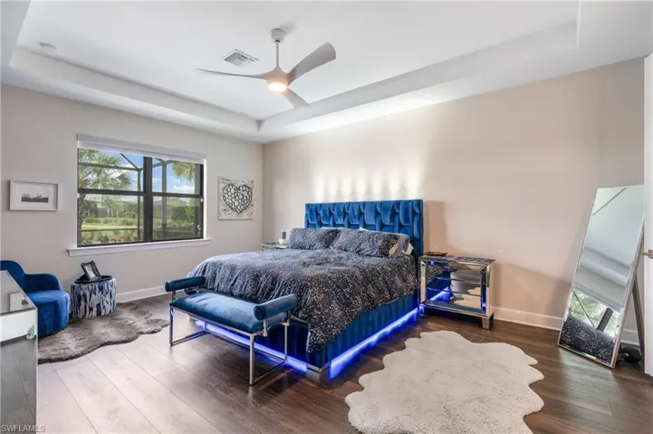 Bedroom with a raised ceiling, multiple windows, wood finished floors, and a ceiling fan