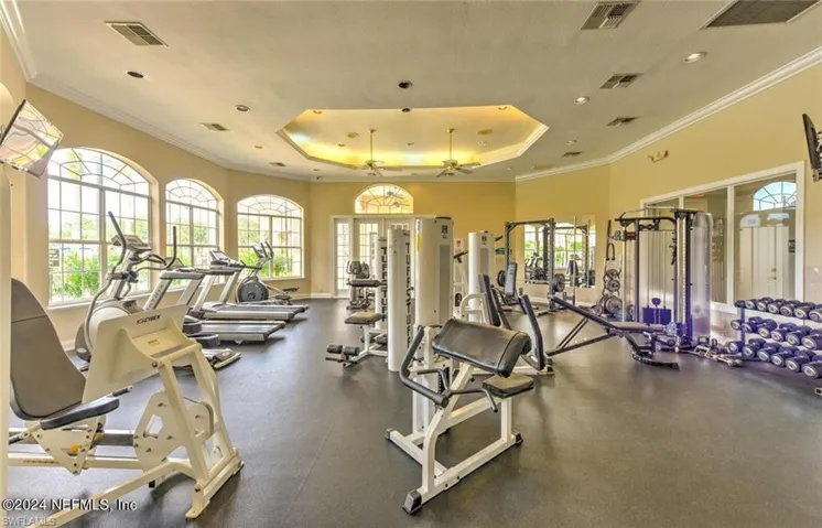 Workout area featuring ornamental molding, ceiling fan, french doors, and a tray ceiling