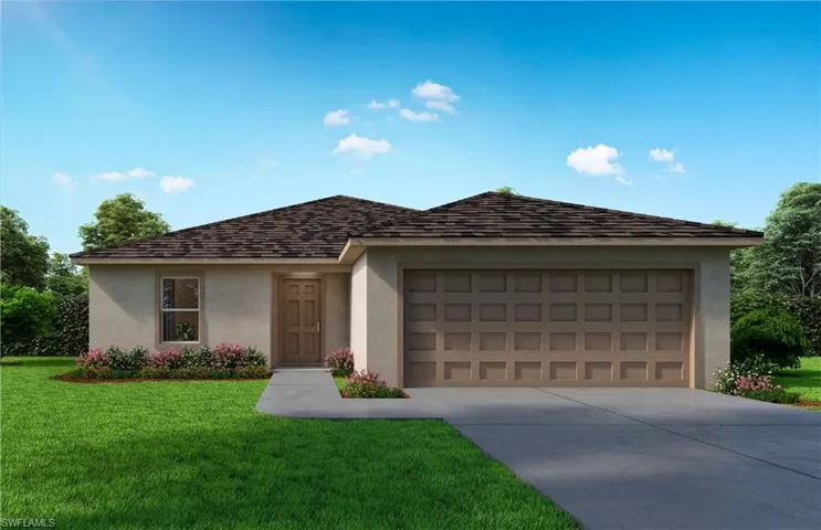 Ranch-style house featuring stucco siding, a front yard, an attached garage, and concrete driveway