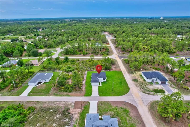 Aerial view of a heavily wooded area