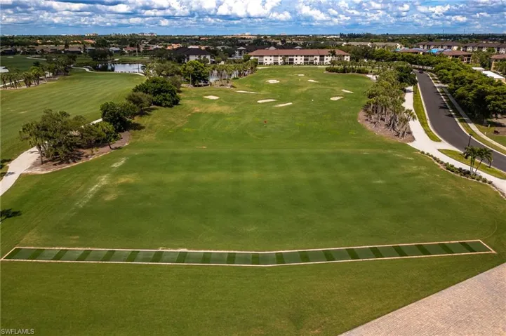 Aerial view of a local golf course and a nearby body of water