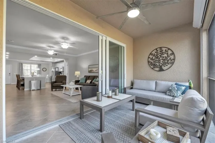 Spacious balcony looking into living room