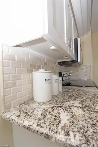 Dimensional tile backsplash detail.