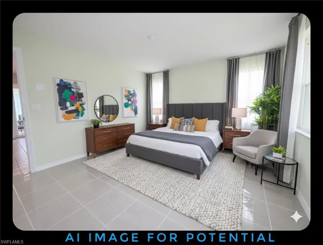 Bedroom with light tile patterned flooring and arched walkways