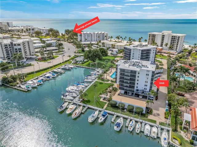 Aerial view of a marina and bay