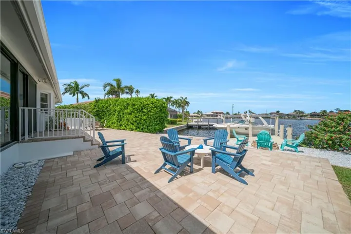 View of patio featuring a water view and a boat dock