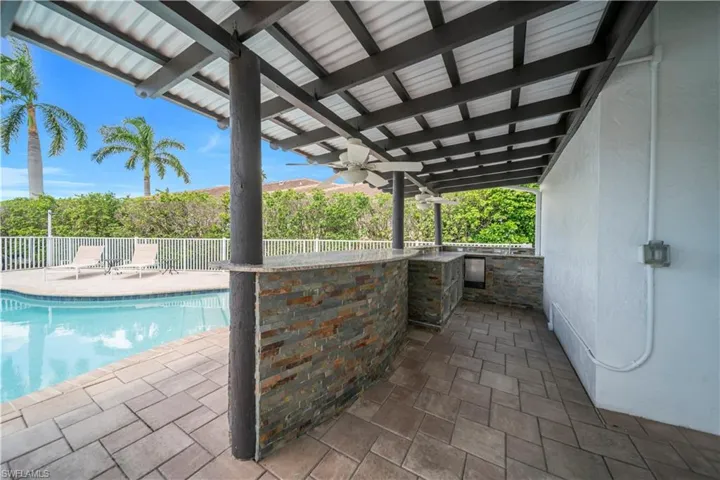 View of swimming pool featuring a patio area and an outdoor bar