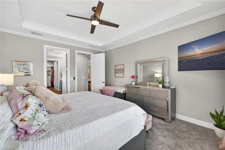 Bedroom featuring ornamental molding, a raised ceiling, dark carpet, ceiling fan, and a spacious closet