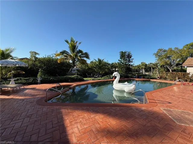 Swimming pool with a patio area and a water slide