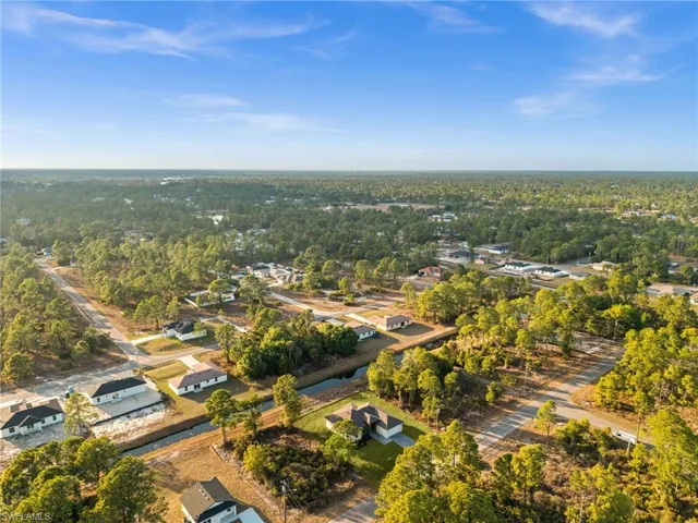 Aerial view of residential area with a forest