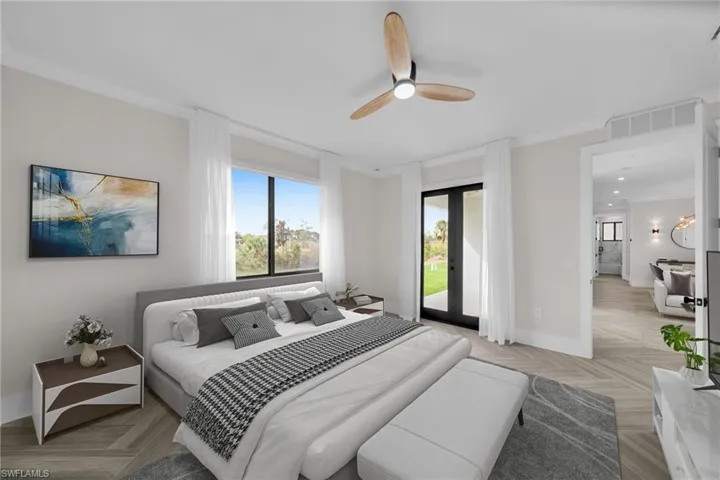 Bedroom featuring visible vents, baseboards, access to outside, french doors, and crown molding