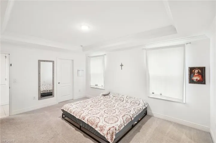 Carpeted bedroom featuring a tray ceiling, baseboards, and ornamental molding