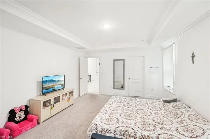 Bedroom with a tray ceiling, crown molding, visible vents, and light carpet