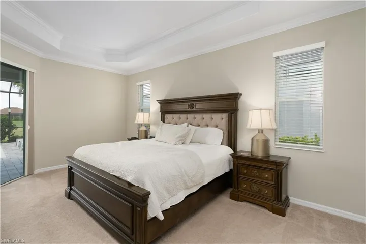 Carpeted bedroom featuring ornamental molding, multiple windows, access to exterior, and a tray ceiling