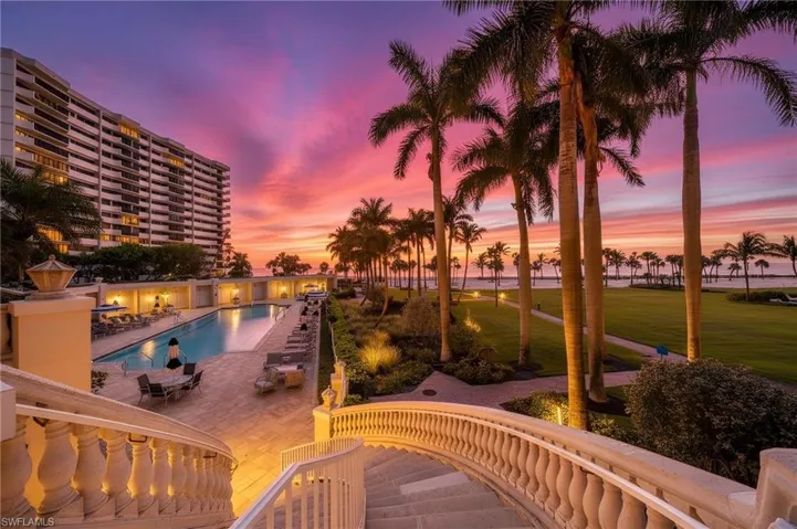 Sunset over patio and pool