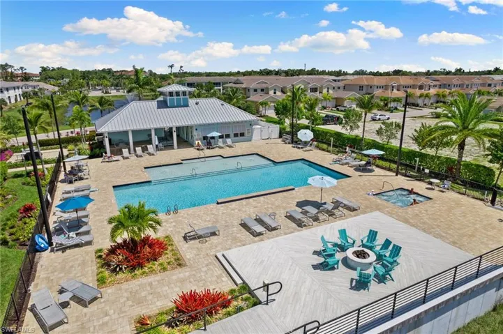 Community pool with a patio, a fire pit, and a residential view