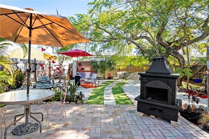 Fenced backyard featuring a patio area and outdoor dining area