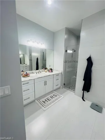 Full bath with vanity and a shower stall