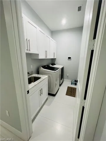 Laundry room featuring cabinet space and washing machine and dryer