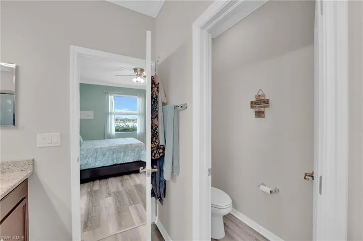 Bathroom featuring crown molding, vanity, light wood-style flooring, ensuite bathroom, and a ceiling fan