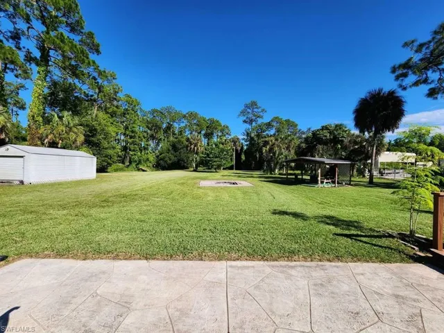 View of green lawn with a patio area and view of scattered trees