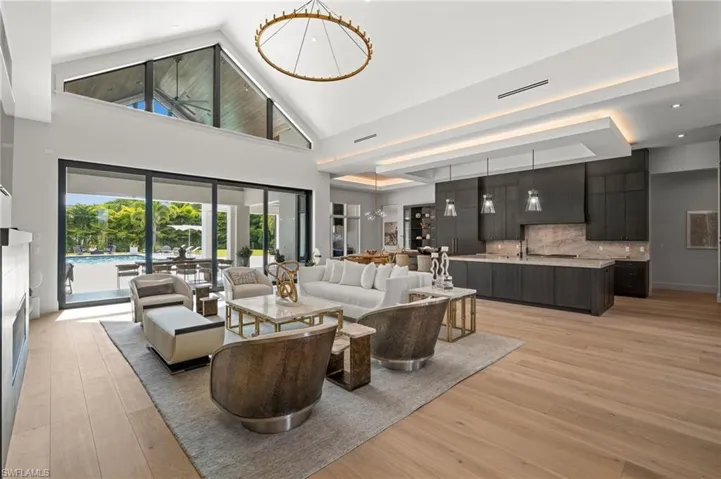 Living room featuring light wood finished floors and high vaulted ceiling