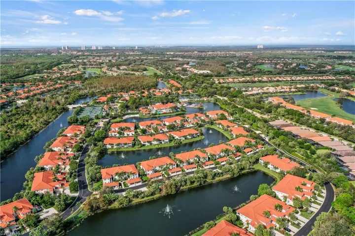 Birds eye view of property with a water view