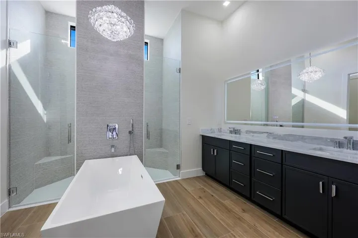Bathroom with wood finish floors, a shower stall, a sink, double vanity, and a notable chandelier